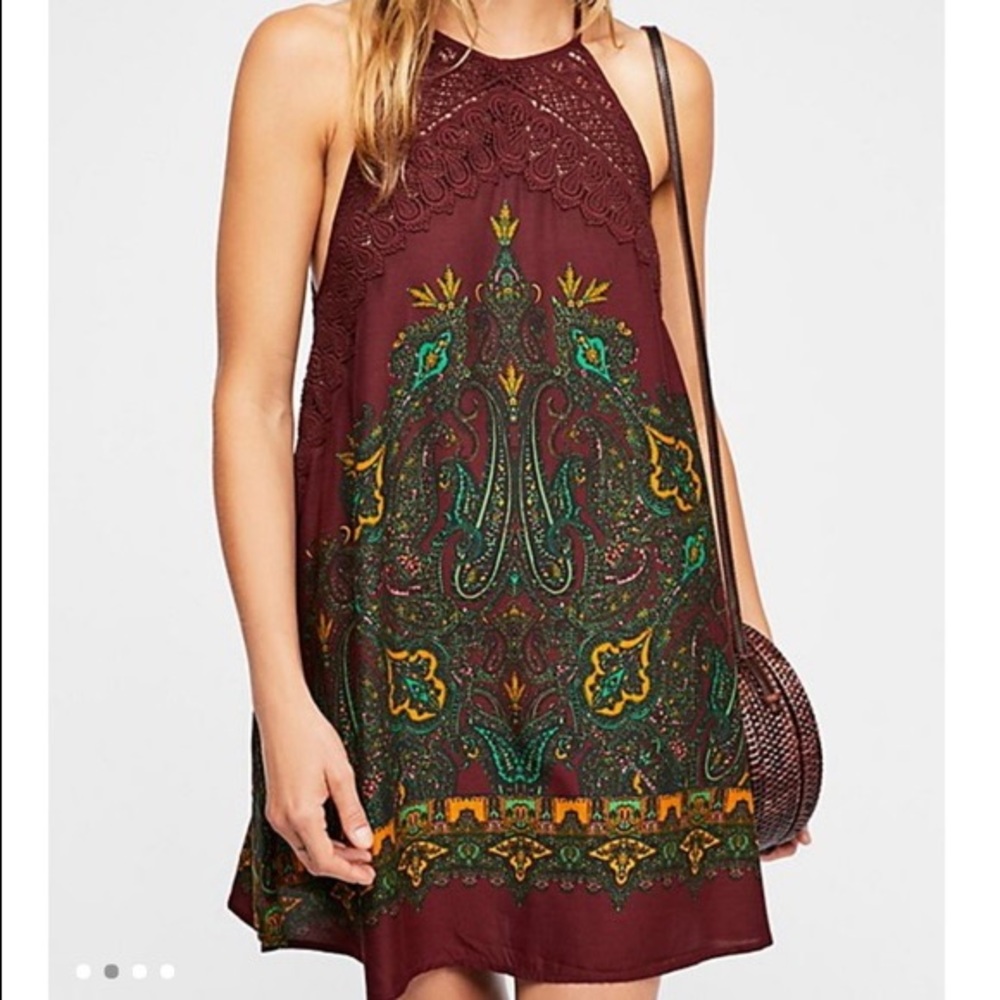Free People Crochet Burgundy Shea Shift Dress XS